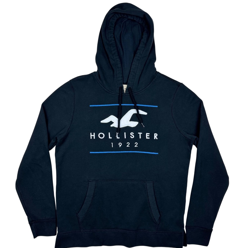 Hollister Pullover Hoodie Embroidered Mens M Black Logo Graphic Fleece Y2K Retro